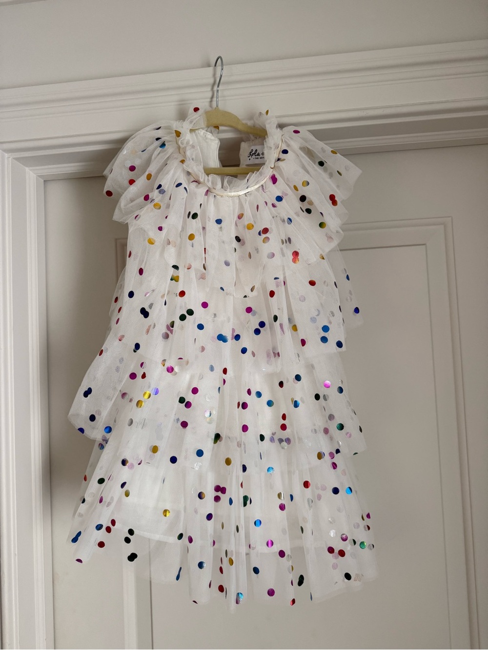 Lola + The Boys White Layered Dress with Multicolor Sequin Dots